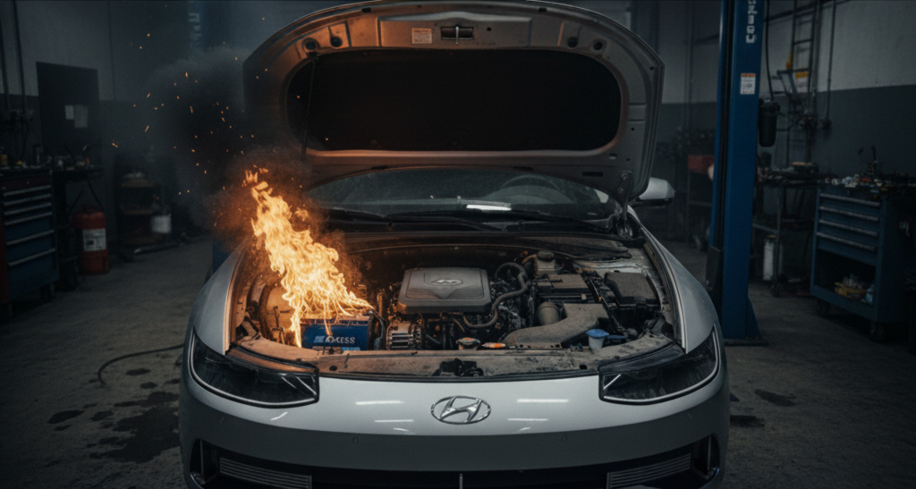 Battery on fire in a car